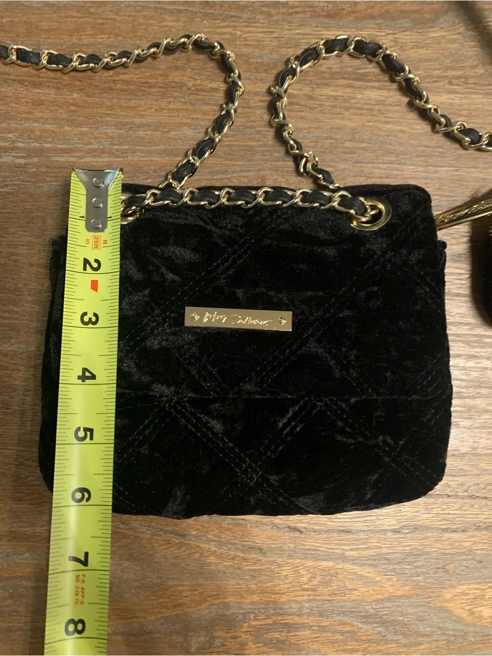 Betsey Johnson Black Quilted Velvet Crossbody with Coin Pouch and Gold Chain